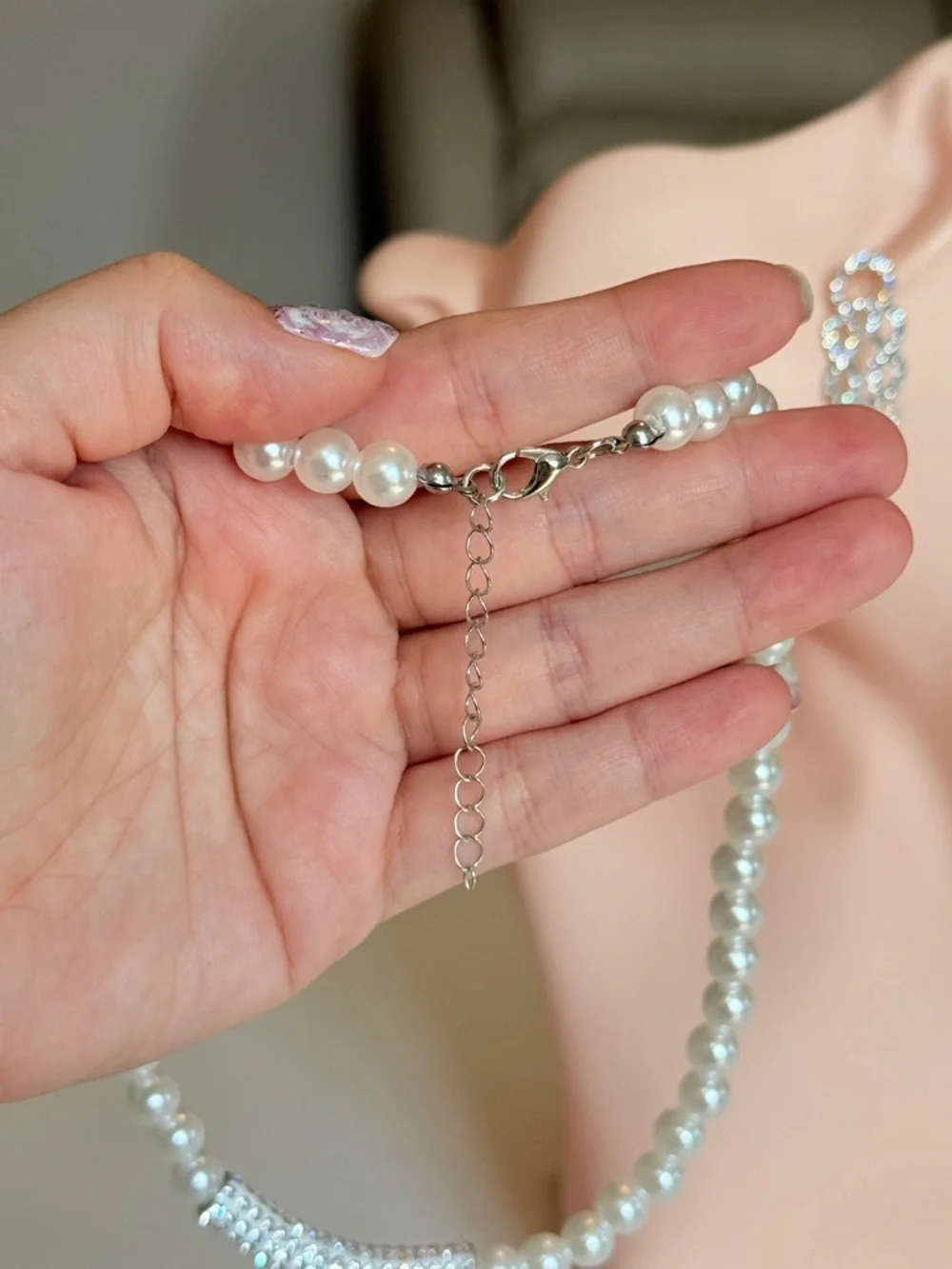 Pearl Bead Necklace with Rhinestone Accent